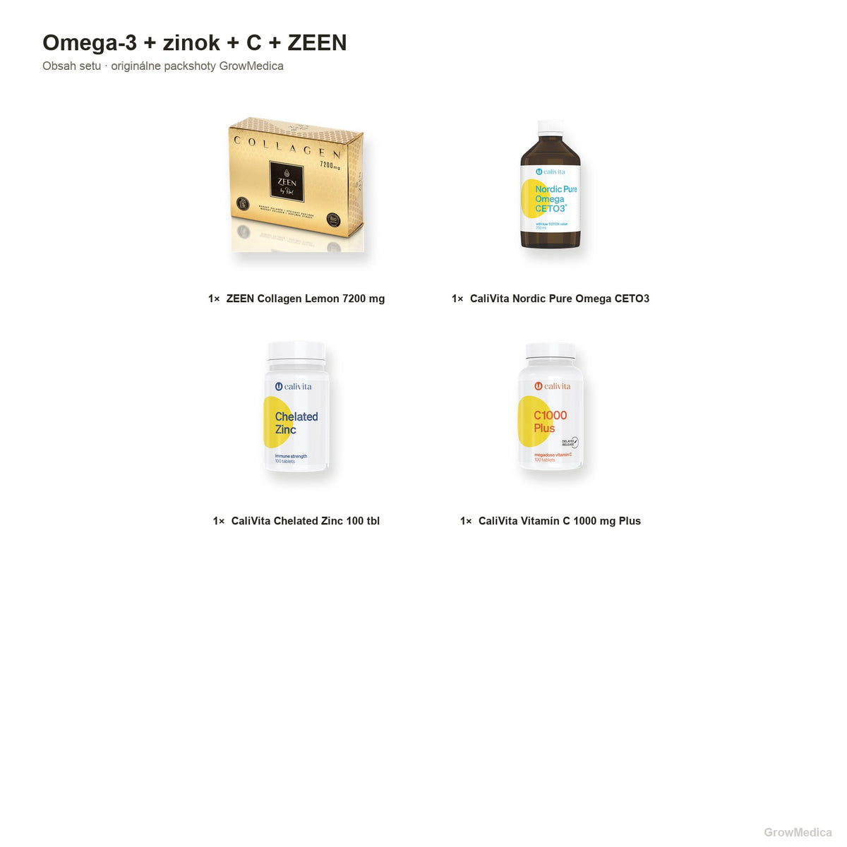 Omega-3 + zinok + vitamín C + ZEEN Lemon — obsah — packshoty GrowMedica