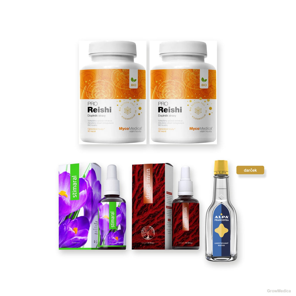 Set Štart Imunita — Reishi PRO, Stimaral, Drags Imun a darček Alpa Francovka, fotky produktov GrowMedica