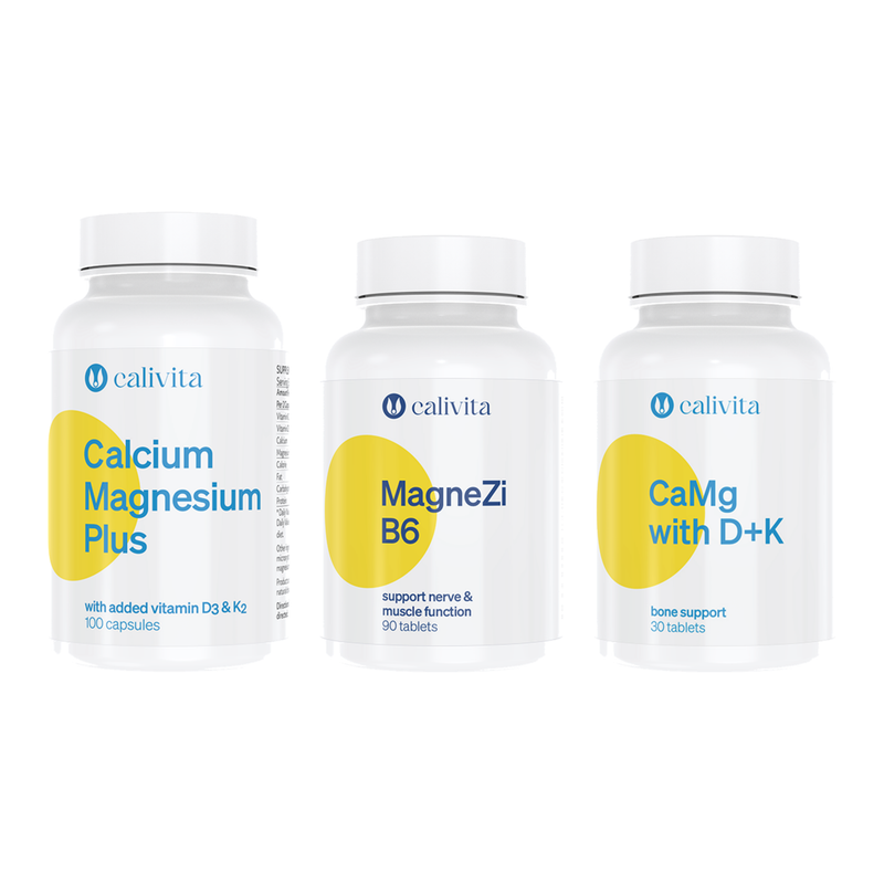 Set CaliVita horčík magnézium MagneZi B6, Calcium Magnesium Plus a Ca-Mg with D+K s vitamínom D3 a K