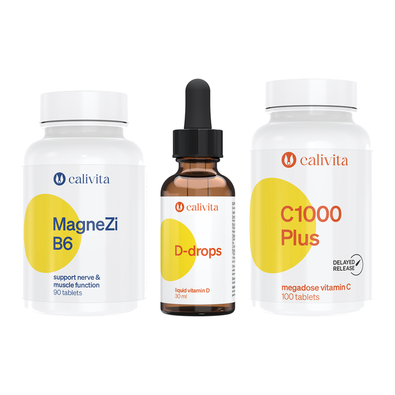 Set CaliVita magnézium MagneZi B6, vitamín D3 kvapky D-drops a vitamín C 1000 mg C 1000 Plus