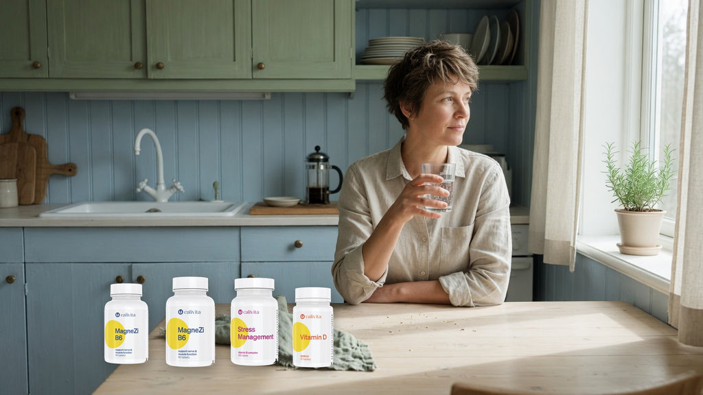Dospelá žena s pohárom vody a CaliVita magnéziom B6, B-komplexom a vitamínom D